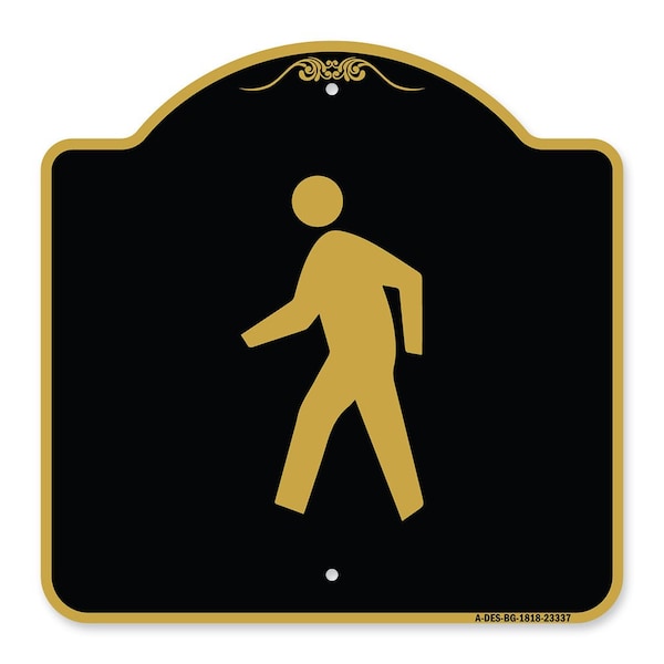 Designer Series Pedestrian Crossing, Black & Gold Aluminum Sign, 18" x 18", BG-1818-23337